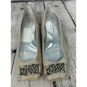 Jessica Simpson Women’s Open Toe Flats Size 8B/38 Beige Chain Slip On